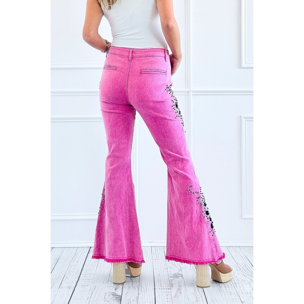 POL Pink Embroidered Western Flare Jeans | Beaded Studded Stretch Denim - Picture 3 of 7